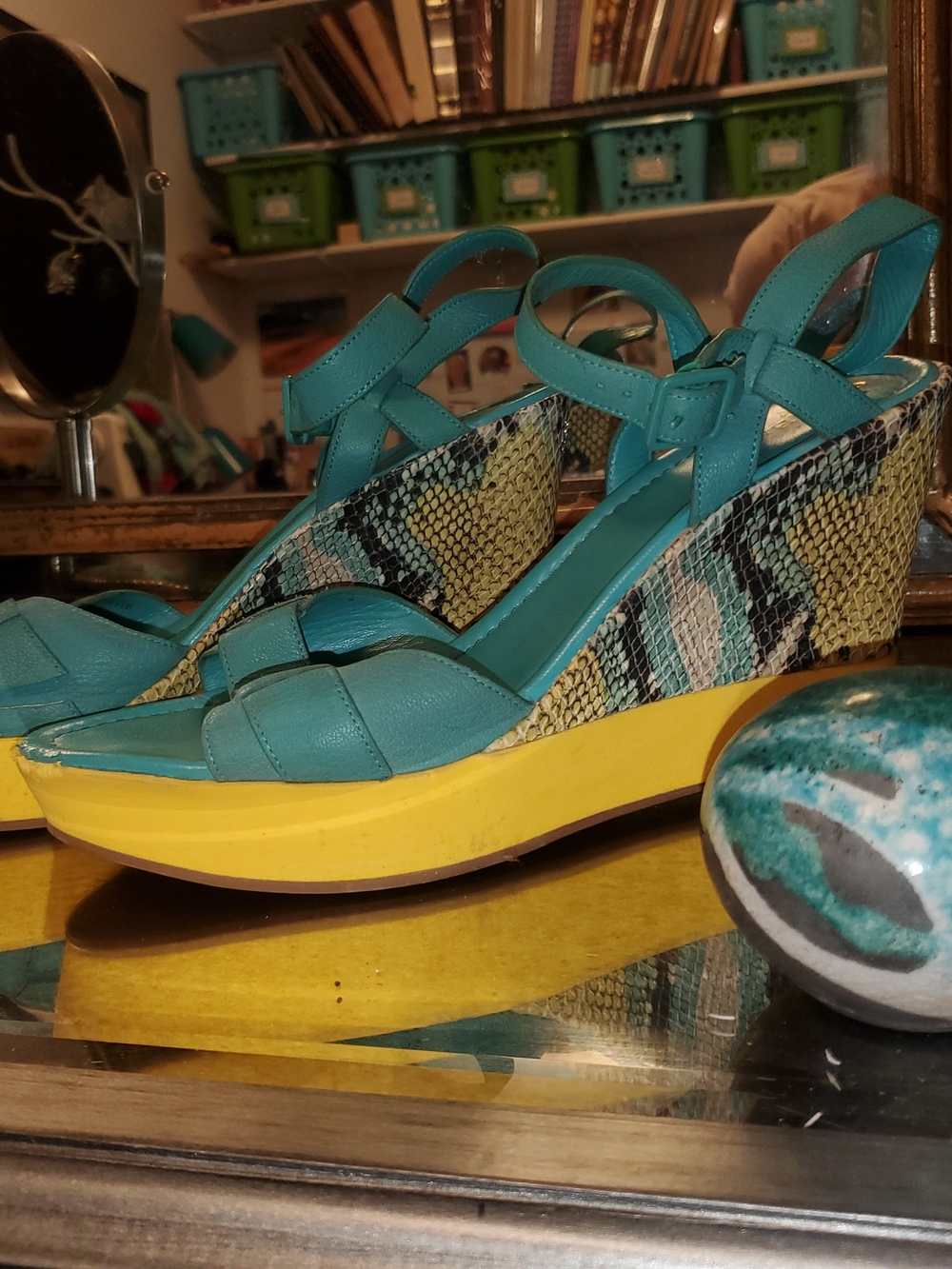 Be The Fun One -Cole Haan Teal and Yellow Wedge Sandals - Women's Fashion Wedges